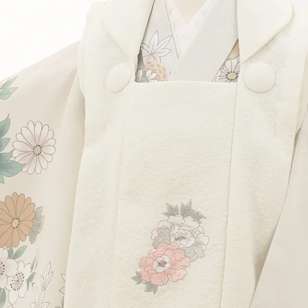 七五三女児3歳3281 白 牡丹刺繍/アイボリー 花の集い 緑配色