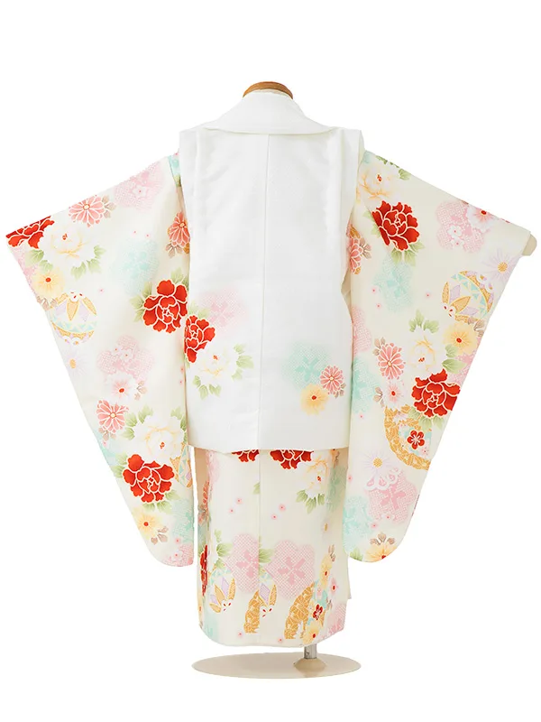 七五三女児3歳3284 花うさぎ 白 牡丹/クリーム 扇・菊・毬
