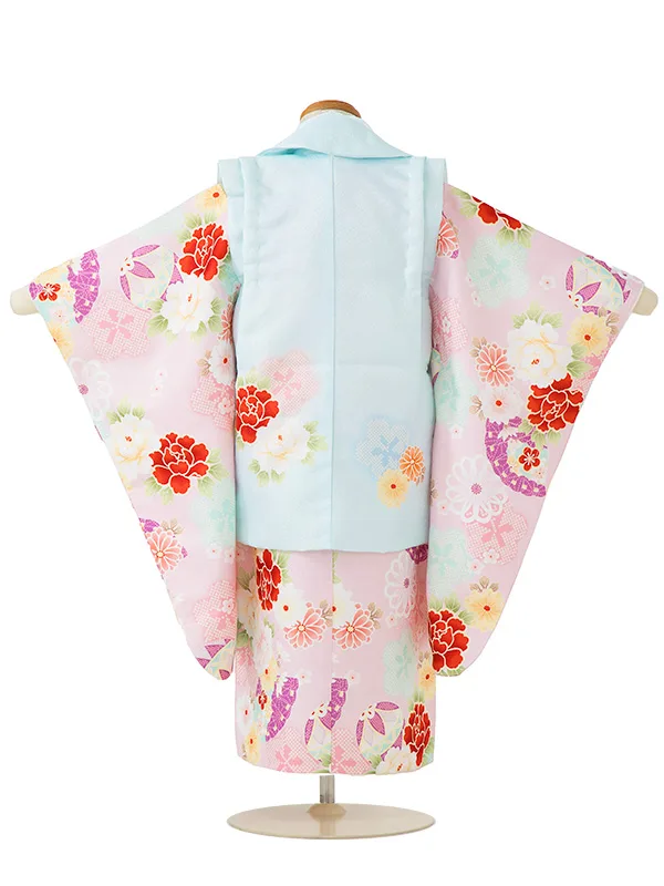 七五三女児3歳3286 花うさぎ 水色 牡丹/ピンク 扇・菊・毬