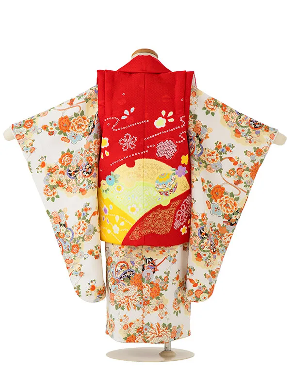 七五三女児3歳3293 赤 毬に桜/白 縮緬 花車
