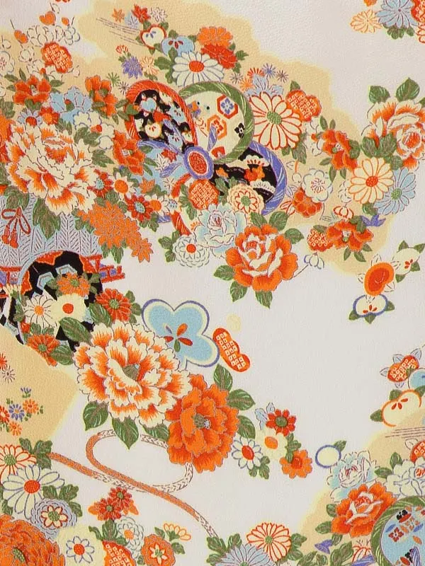 七五三女児3歳3293 赤 毬に桜/白 縮緬 花車