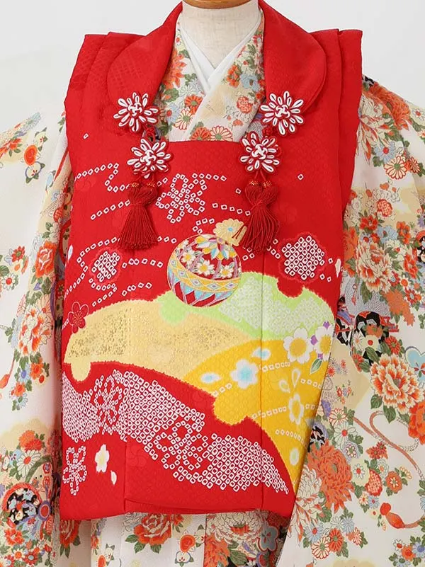七五三女児3歳3293 赤 毬に桜/白 縮緬 花車