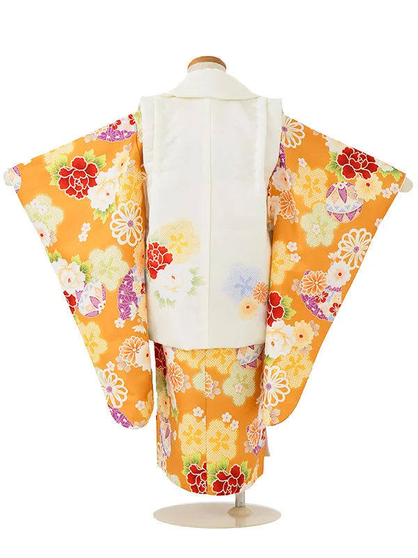 七五三女児 3歳 3297 花うさぎ クリーム/オレンジ 毬に牡丹