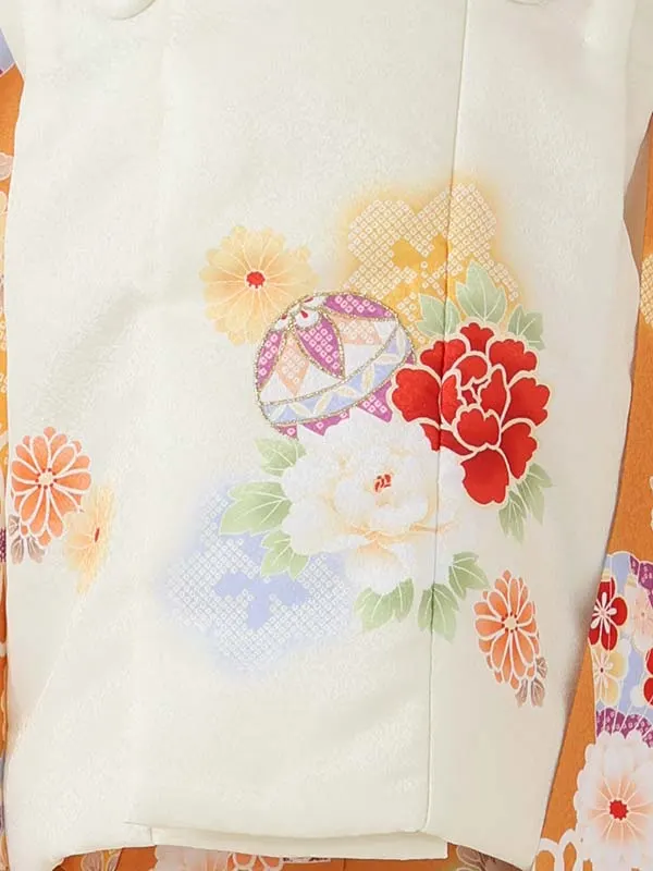 七五三女児 3歳 3297 花うさぎ クリーム/オレンジ 毬に牡丹