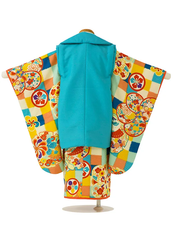 七五三女児 3歳 3303 ローリーズファーム 青 鶴久寿玉/市松 梅に雪輪