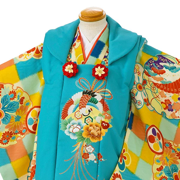 七五三女児 3歳 3303 ローリーズファーム 青 鶴久寿玉/市松 梅に雪輪