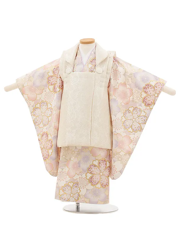 七五三女児 3歳 3309 ベージュ ジャガード×ピンク 金彩 桜