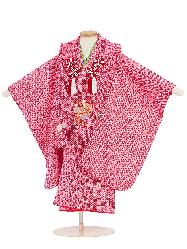 【正絹】七五三女児 3歳 3324 総絞り 赤 刺繍 毬に桜と梅