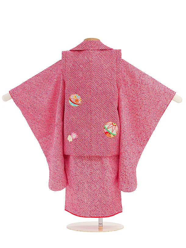 【正絹】七五三女児 3歳 3324 総絞り 赤 刺繍 毬に桜と梅