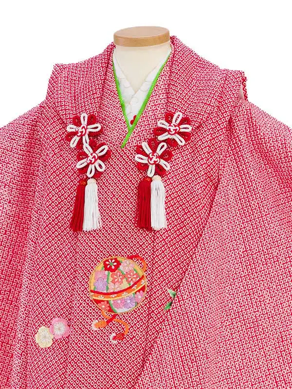 【正絹】七五三女児 3歳 3324 総絞り 赤 刺繍 毬に桜と梅
