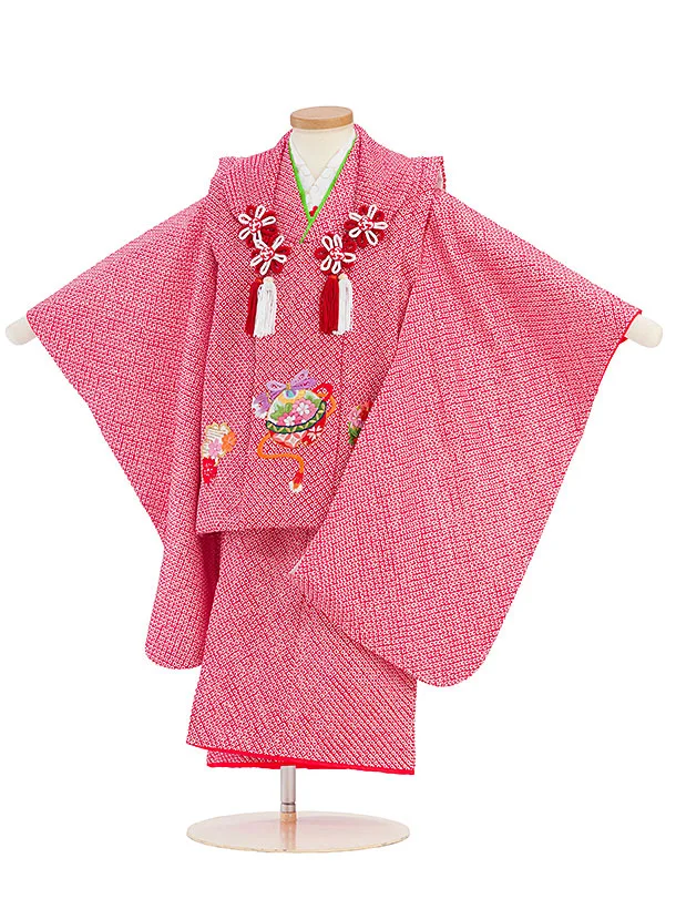 【正絹】七五三女児 3歳 3325 総絞り 赤 刺繍 鈴に桜と菊