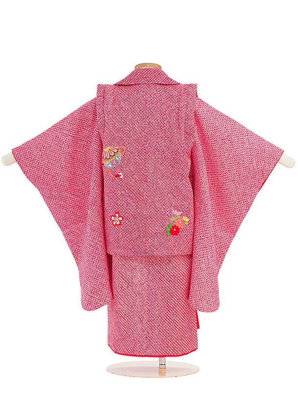 【正絹】七五三女児 3歳 3325 総絞り 赤 刺繍 鈴に桜と菊