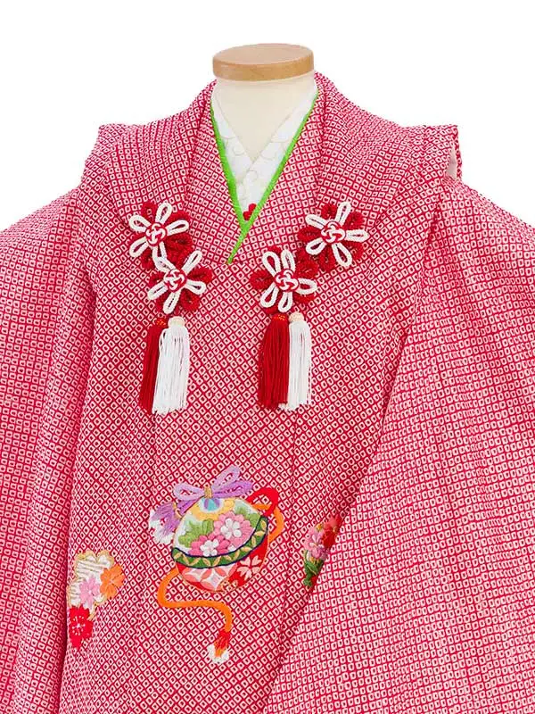 【正絹】七五三女児 3歳 3325 総絞り 赤 刺繍 鈴に桜と菊