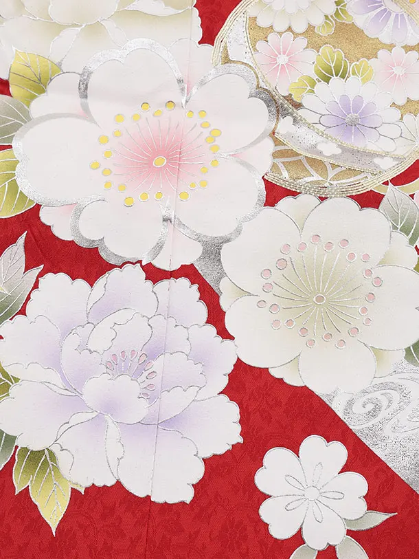 【正絹】七五三女児 3歳 3327 金彩 白/赤 毬 桜 牡丹
