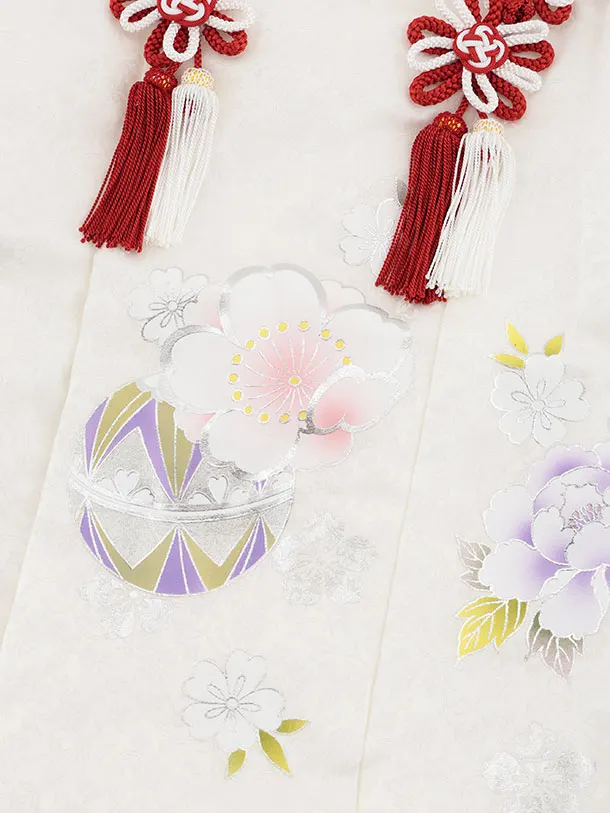 【正絹】七五三女児 3歳 3327 金彩 白/赤 毬 桜 牡丹