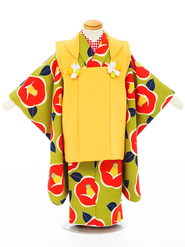 七五三女児3歳3329　グリーン/山吹　椿