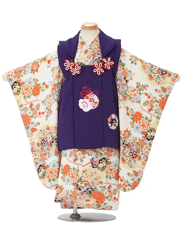 七五三女児 3歳 3331 紫 縮緬 鈴に花雪輪/白 花車