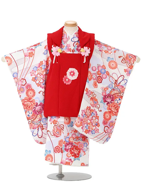 七五三女児 3歳 3332 赤 縮緬 万寿菊/白 花結び