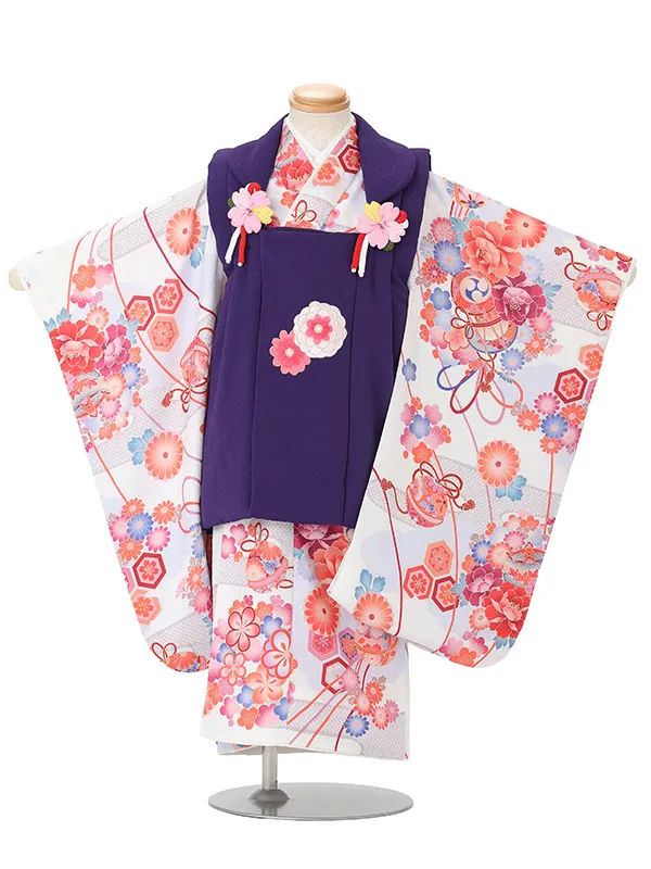 七五三女児 3歳 3333 紫 縮緬 万寿菊/白 花結び