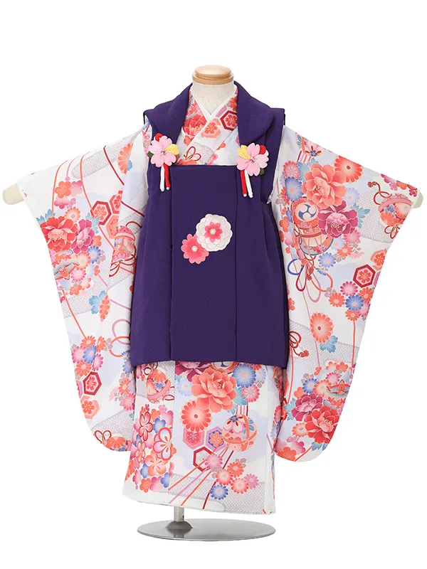 七五三女児 3歳 3333 紫 縮緬 万寿菊/白 花結び