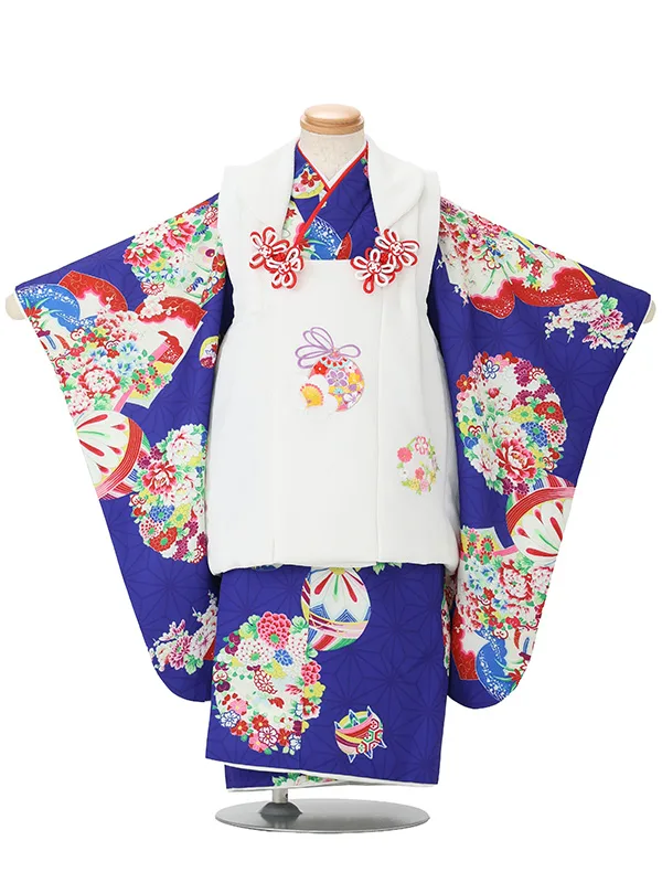 七五三女児 3歳3340 白 毬 花雪輪 刺繍/青 花丸に毬