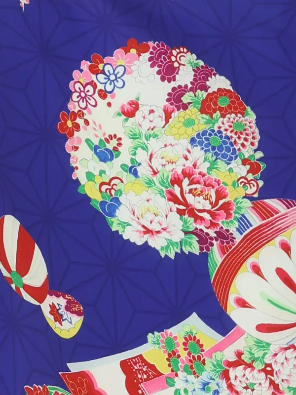 七五三女児 3歳3340 白 毬 花雪輪 刺繍/青 花丸に毬
