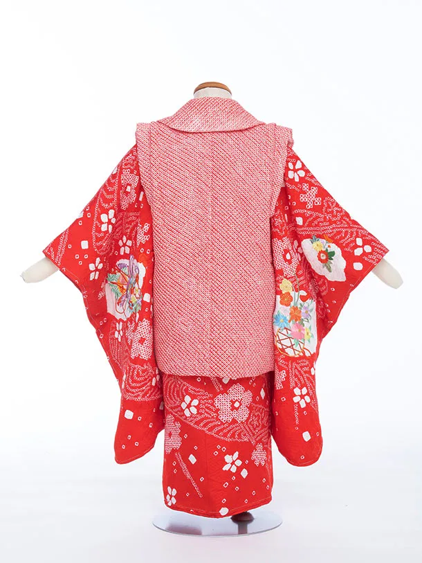 【正絹】七五三女児3歳3341 朱赤 総絞りまり刺繍/赤 桶絞り 桜