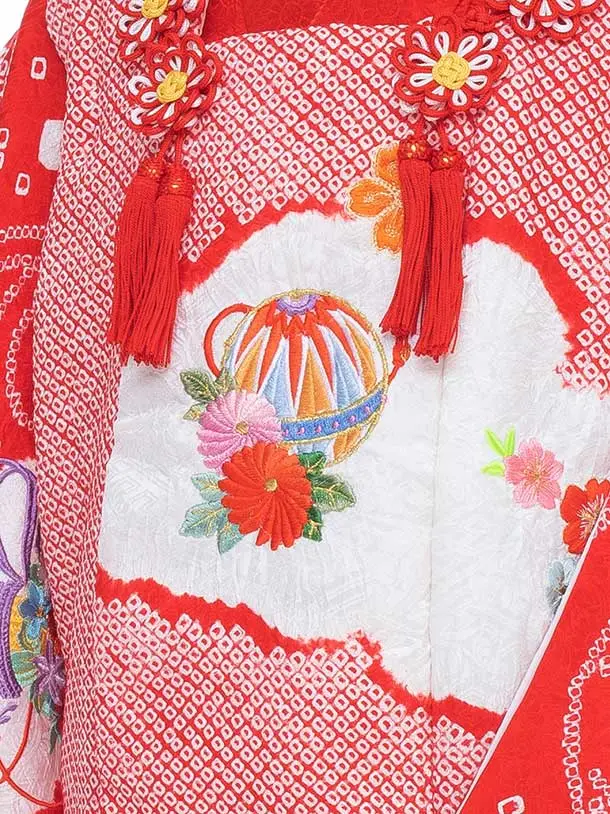【正絹】七五三女児3歳3341 朱赤 総絞りまり刺繍/赤 桶絞り 桜