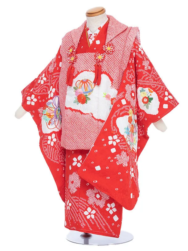 【正絹】七五三女児3歳3342 朱赤 総絞りまり刺繍/赤 桶絞り 桜