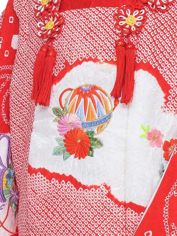 【正絹】七五三女児3歳3342 朱赤 総絞りまり刺繍/赤 桶絞り 桜