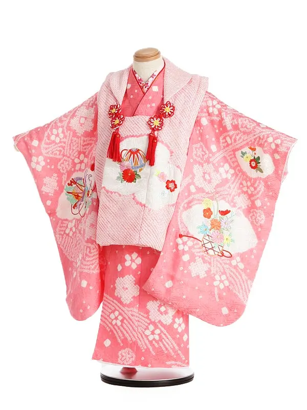 【正絹】七五三女児3歳3343 ピンク 総絞り まり刺繍/ピンク 桶絞り 桜