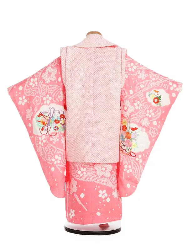 【正絹】七五三女児3歳3343 ピンク 総絞り まり刺繍/ピンク 桶絞り 桜