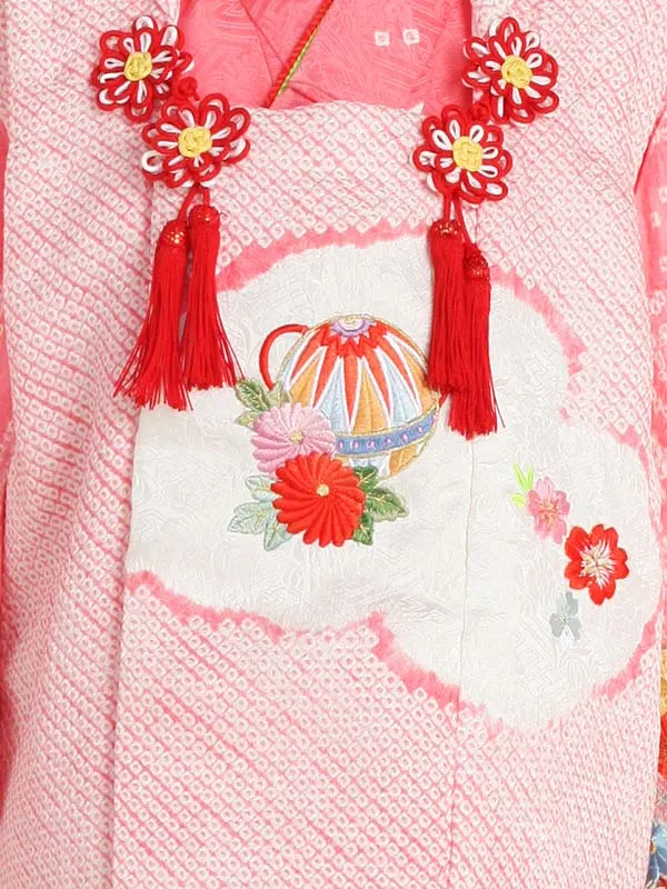 【正絹】七五三女児3歳3343 ピンク 総絞り まり刺繍/ピンク 桶絞り 桜