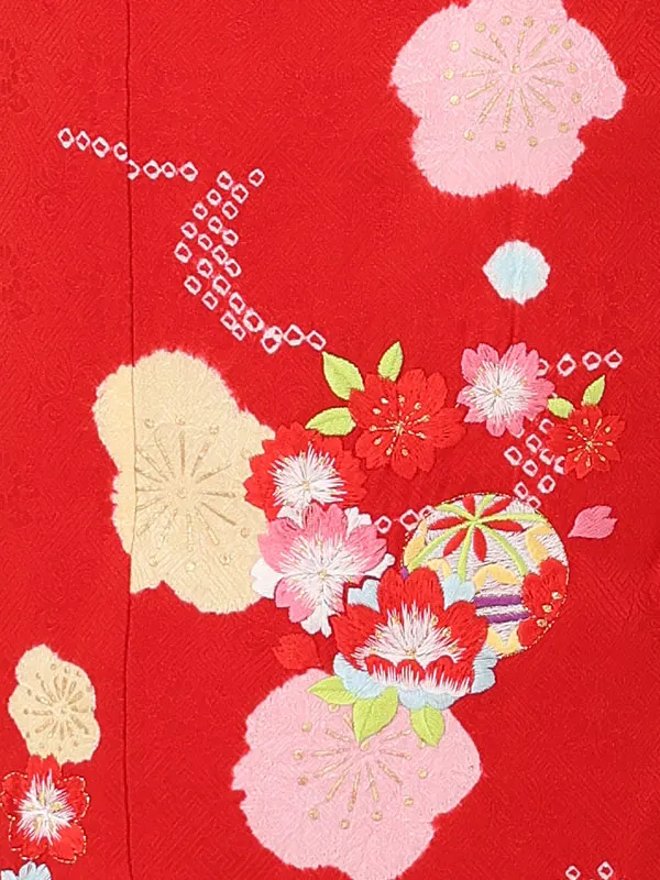【正絹】七五三女児7歳 赤 絞り 梅に桜 刺繍