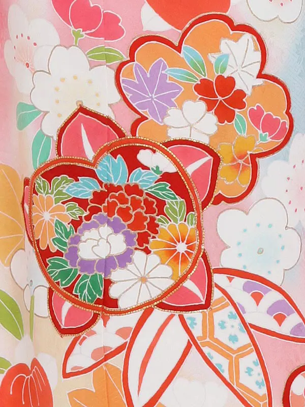 七五三女児7歳7094  正絹 手描き友禅 ピンク 大橘に花の丸 最高級品