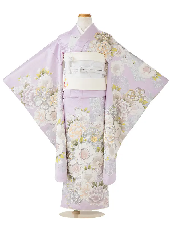 七五三女児7歳7101 正絹 ラベンダー 銀彩 毬・桜・芍薬