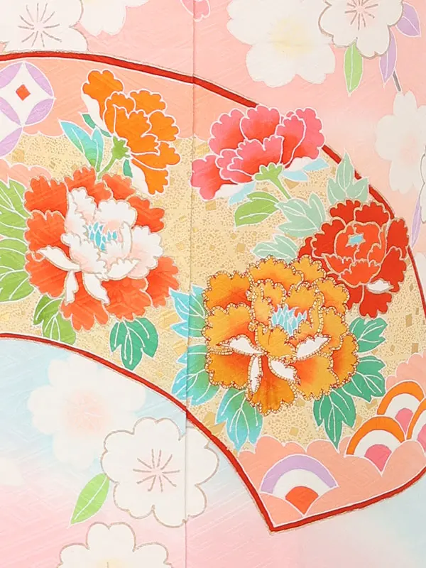 七五三女児7歳7122 正絹 本手描きピンク 花扇面