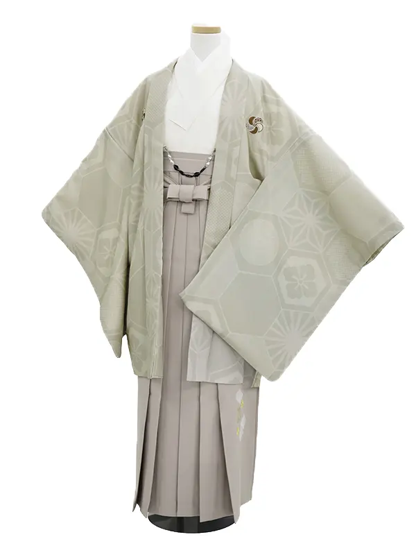 小学生卒業袴男065X  セージグリーン 亀甲/モカ 刺繍入り