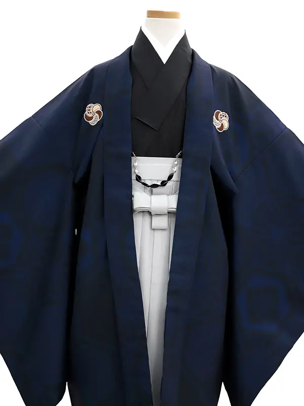 小学生卒業袴男066X 紺 亀甲/ライトグレー 刺?入り