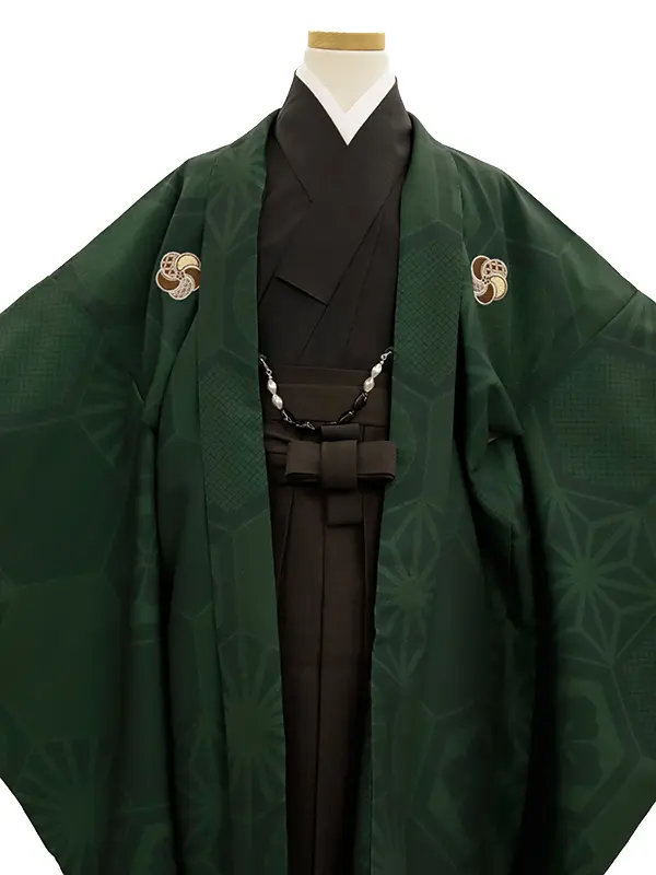 小学生卒業袴男067X グリーン亀甲/こげ茶 刺?入り