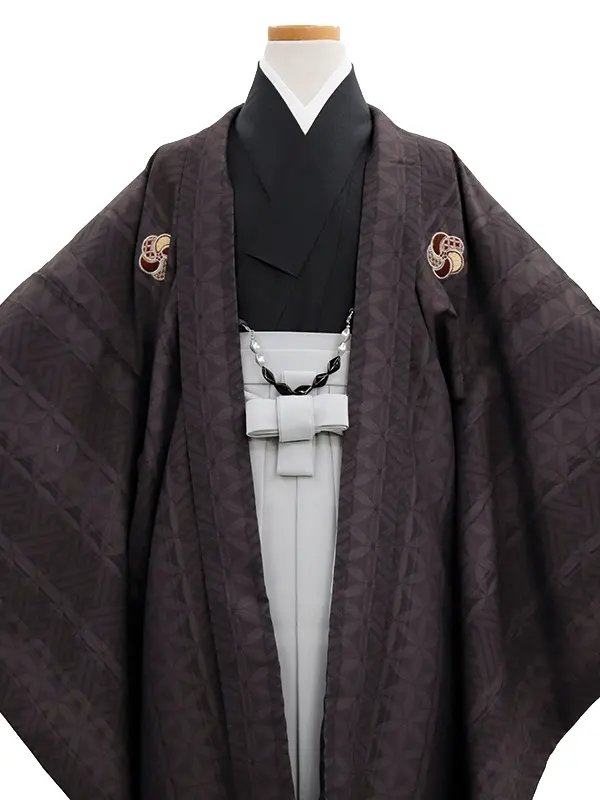 小学生卒業袴男068X ブラウン 紗綾に七宝/ライトグレー 刺?入り