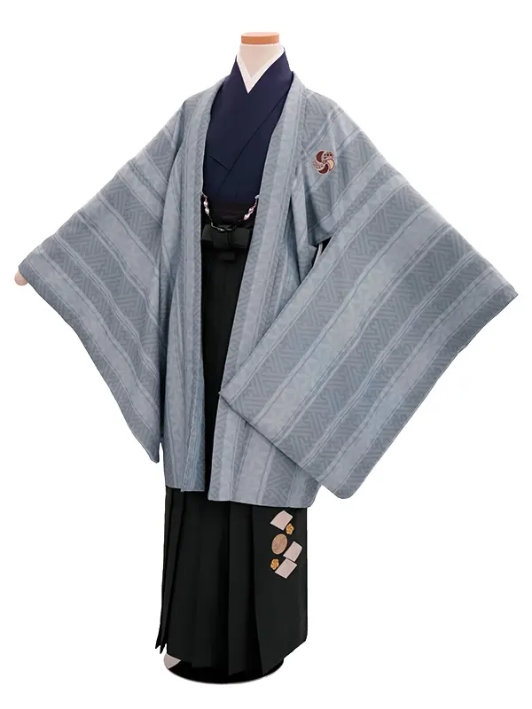 小学生卒業袴男069X ブルーグレー 紗綾に七宝/黒 刺繍入り