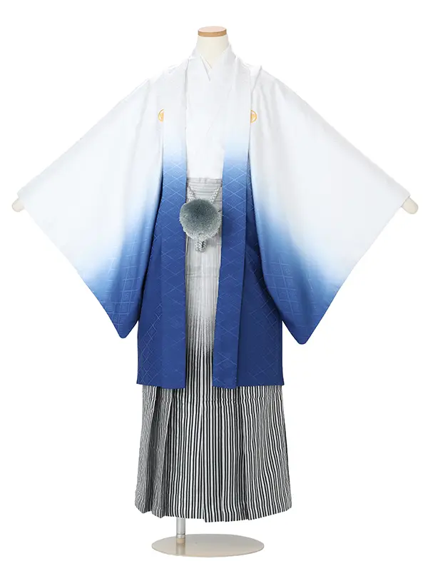 かんたん着付 小学生卒業袴男165L 白/紺ぼかし 菱柄×銀白黒ぼかし