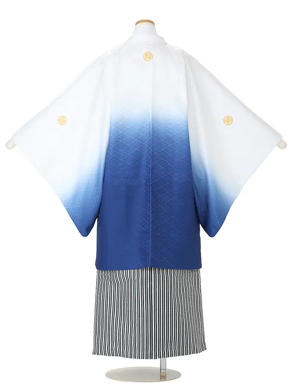 かんたん着付 小学生卒業袴男165L 白/紺ぼかし 菱柄×銀白黒ぼかし