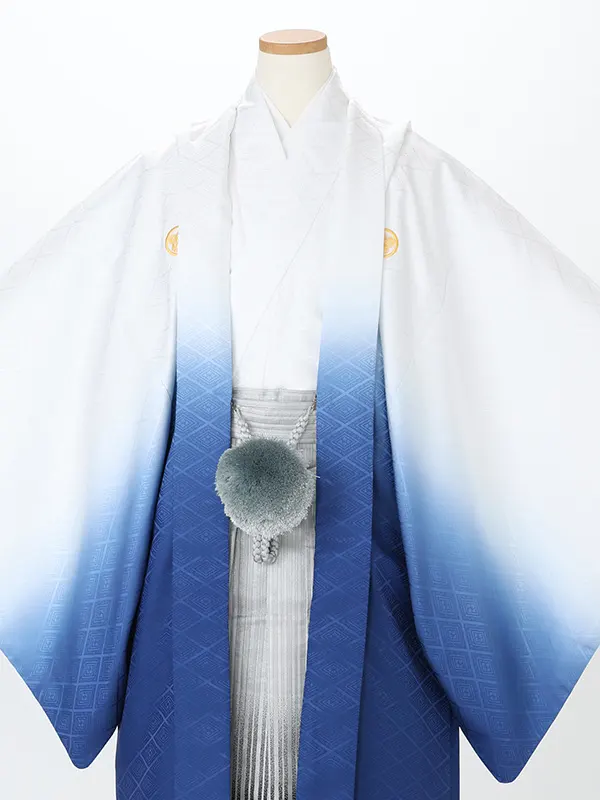 かんたん着付 小学生卒業袴男165X 白/紺ぼかし 菱柄×銀白黒ぼかし