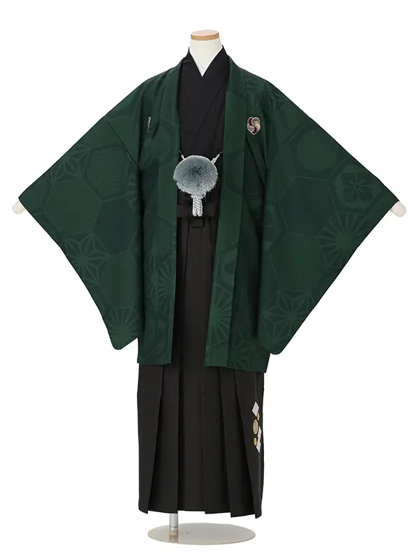 かんたん着付 小学生卒業袴男167X グリーン亀甲/こげ茶 刺?入り