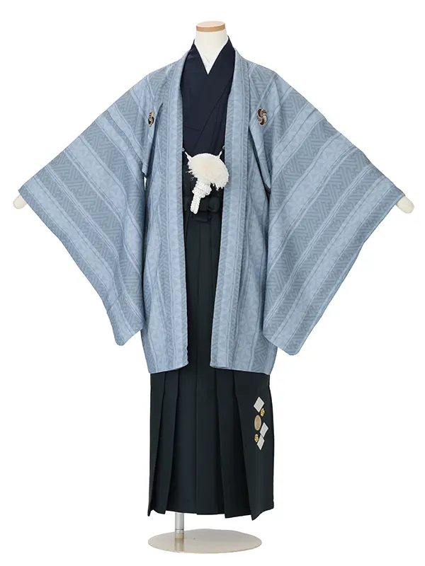 かんたん着付 小学生卒業袴男169X ブルーグレー 紗綾に七宝/黒 刺繍入り