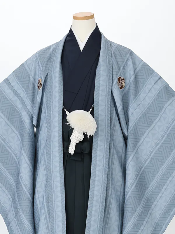 かんたん着付 小学生卒業袴男169X ブルーグレー 紗綾に七宝/黒 刺繍入り