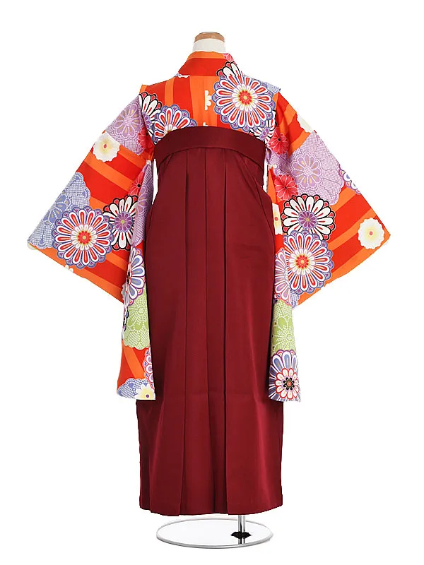小学生卒業袴026Mオレンジ丸菊/えんじ菊刺繍