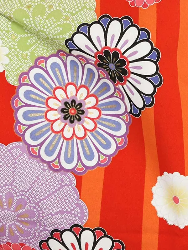 小学生卒業袴026Mオレンジ丸菊/えんじ菊刺繍